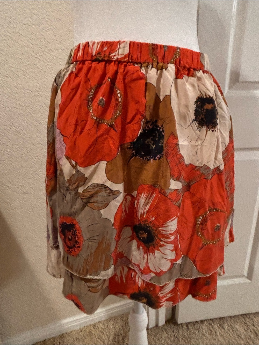 Odille Orange and Cream Floral Tiered Mini Skirt